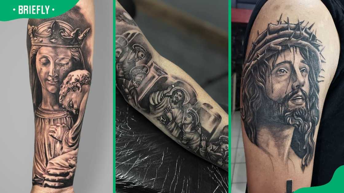 Tattoos of Mary and Jesus (L), the last supper (C) and Jesus (R) Tattoos of Mary and Jesus (L), the last supper (C) and Jesus (R)
