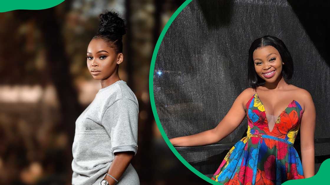 Lethabo Mekoa posing in a grey sweatsuit and a floral dress with a plunging neckline Lethabo Mekoa posing in a grey sweatsuit and a floral dress with a plunging neckline