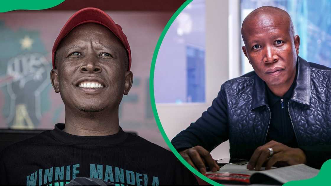 Julius Malema waits on the stage before speaking at a Workers Day event, and he is pictured during an interview Julius Malema waits on the stage before speaking at a Workers Day event, and he is pictured during an interview