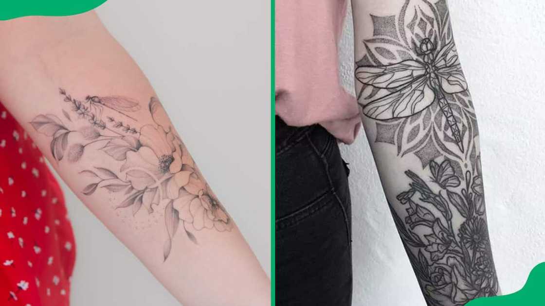 Floral dragonfly forearm tattoo Floral dragonfly forearm tattoo